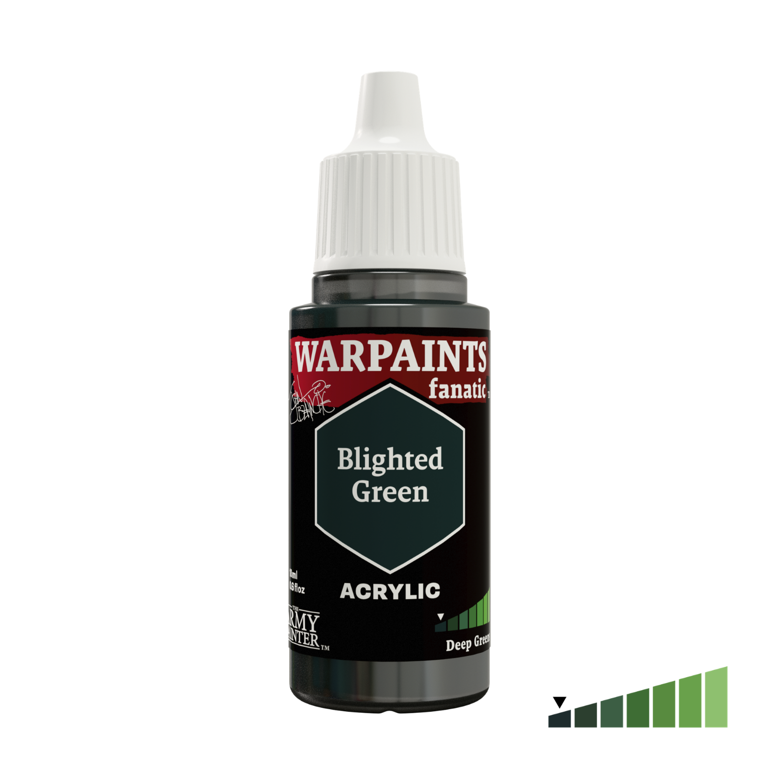 A bottle of Warpaaints Fanatic Acrylic paint in the shade 'Blighted Green', featuring a black bottle, white cap, and a green hexagonal label on a white background.
