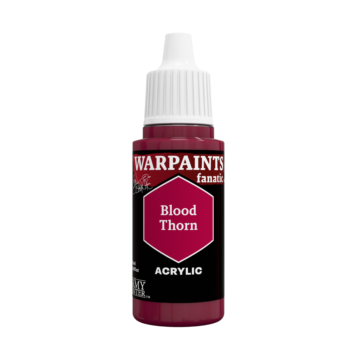 A bottle of Warpaints Fantasy Acrylic paint in the color 'Blood Thorn'. The bottle features a black label with a magenta-pink hexagonal color indicator and a white ribbed cap, set against a plain white background.