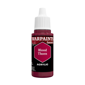 A bottle of Warpaints Fantasy Acrylic paint in the color 'Blood Thorn'. The bottle features a black label with a magenta-pink hexagonal color indicator and a white ribbed cap, set against a plain white background.