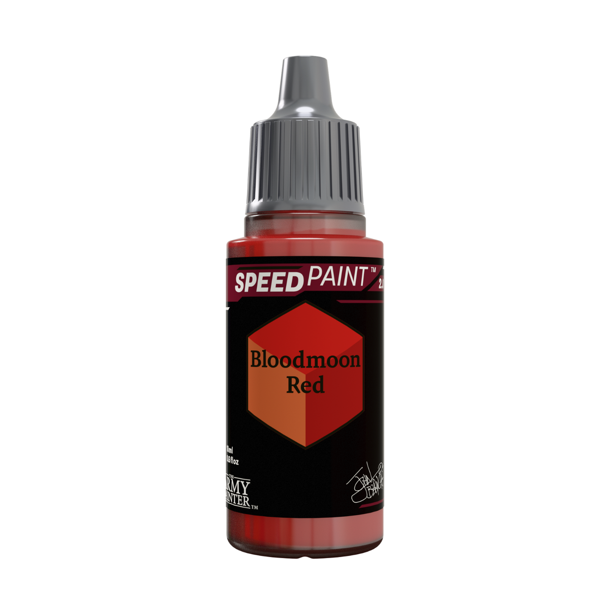 A bottle of Army Painter Speed Paint in the color 'Bloodmoon Red', featuring a black label with a red and orange hexagonal color swatch and a gray cap, on a solid white background.