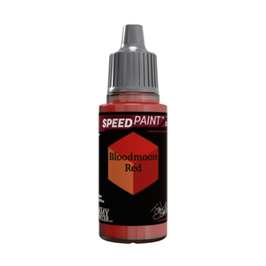 A bottle of Army Painter Speed Paint in the color 'Bloodmoon Red', featuring a black label with a red and orange hexagonal color swatch and a gray cap, on a solid white background.