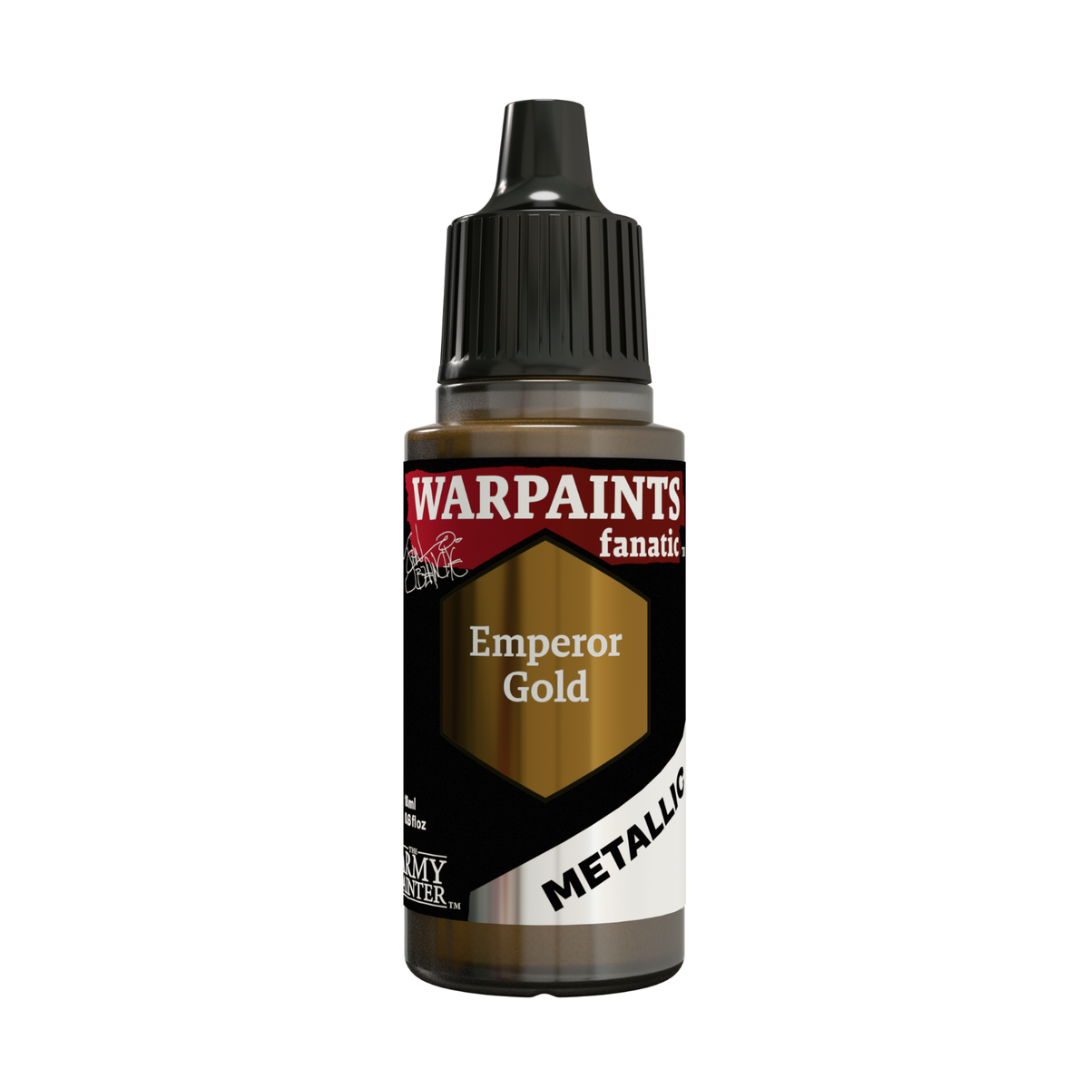 A bottle of Warpaights Fanatics 'Emperor Gold' metallic military model paint, featuring a black cap and a label with gold, black, and white colors, on a plain white background.