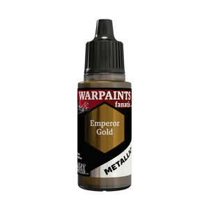 A bottle of Warpaights Fanatics 'Emperor Gold' metallic military model paint, featuring a black cap and a label with gold, black, and white colors, on a plain white background.