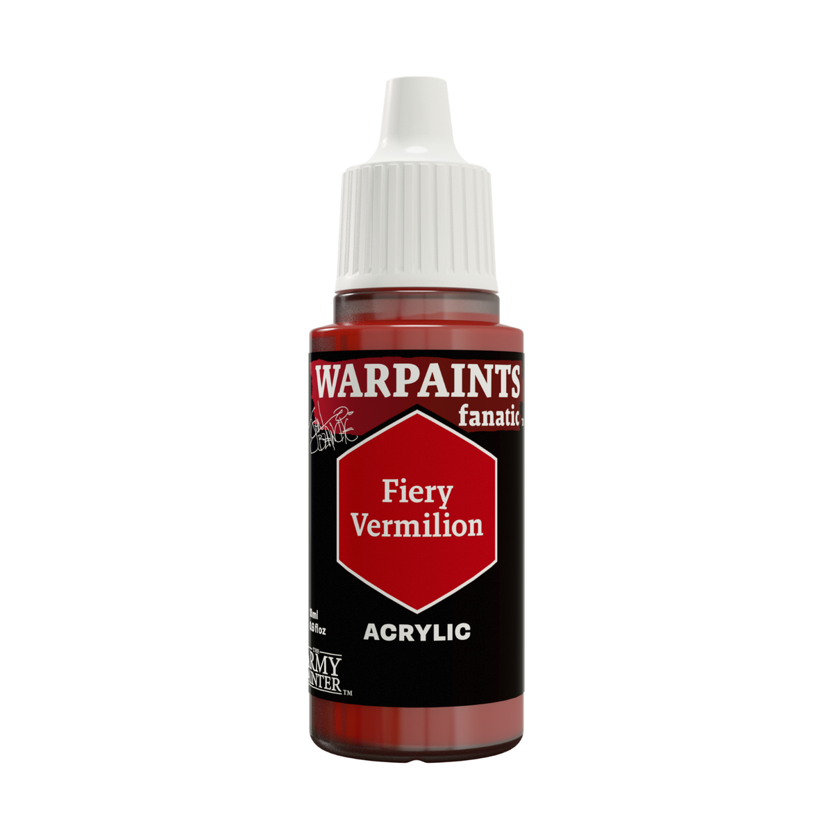 A bottle of Warpaaints Fanatic Fiery Vermilion acrylic paint with a white cap and black label, shown on a plain white background.