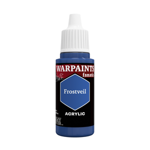 A bottle of Warpaints Fantasy Acrylic paint in the color 'Frostveil', featuring a blue and black label with a white cap, set against a plain white background.