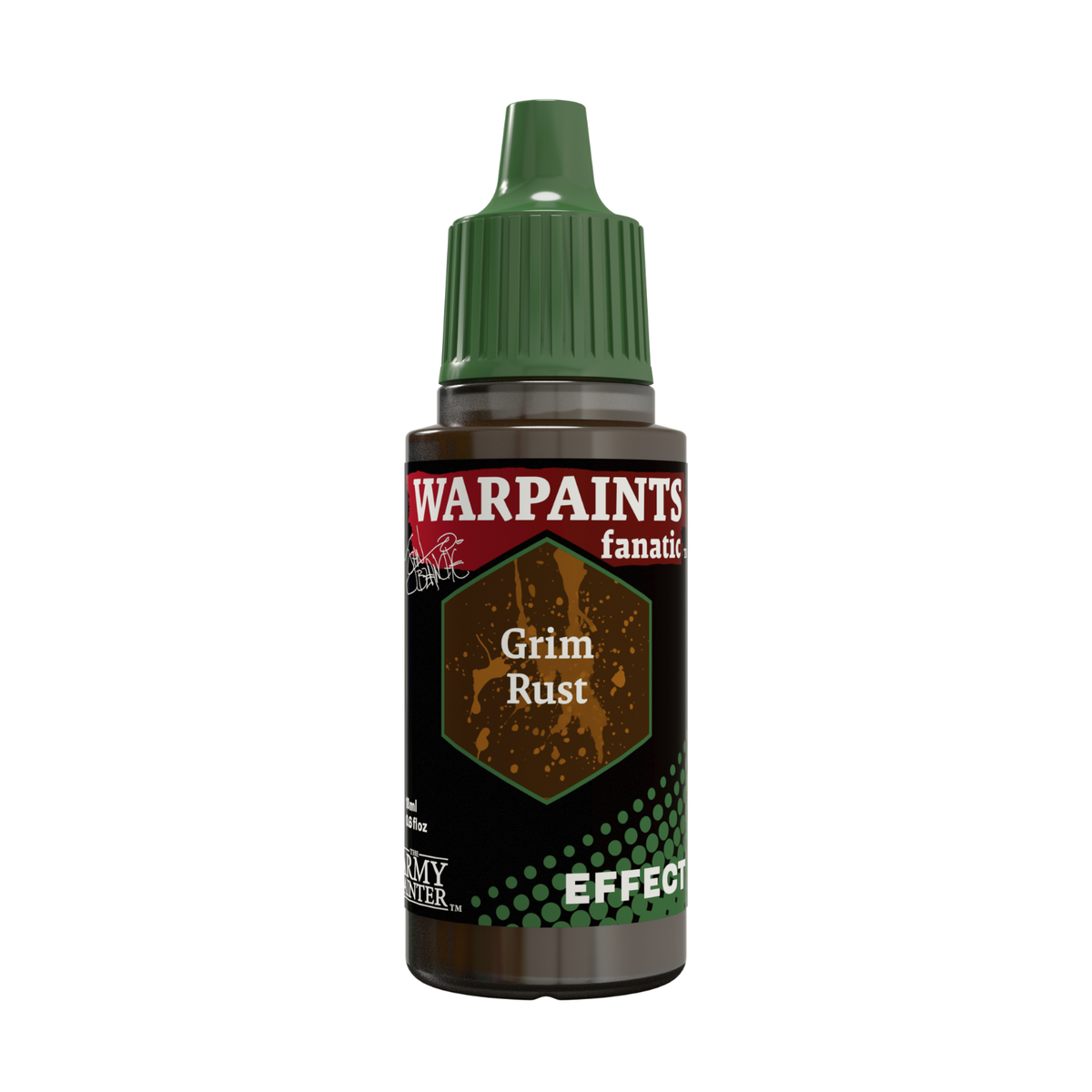 A bottle of Warpaints Fanatic Grim Rust effect paint, featuring a dark brown bottle, a green cap, and a black label with red and green details, set against a plain white background.