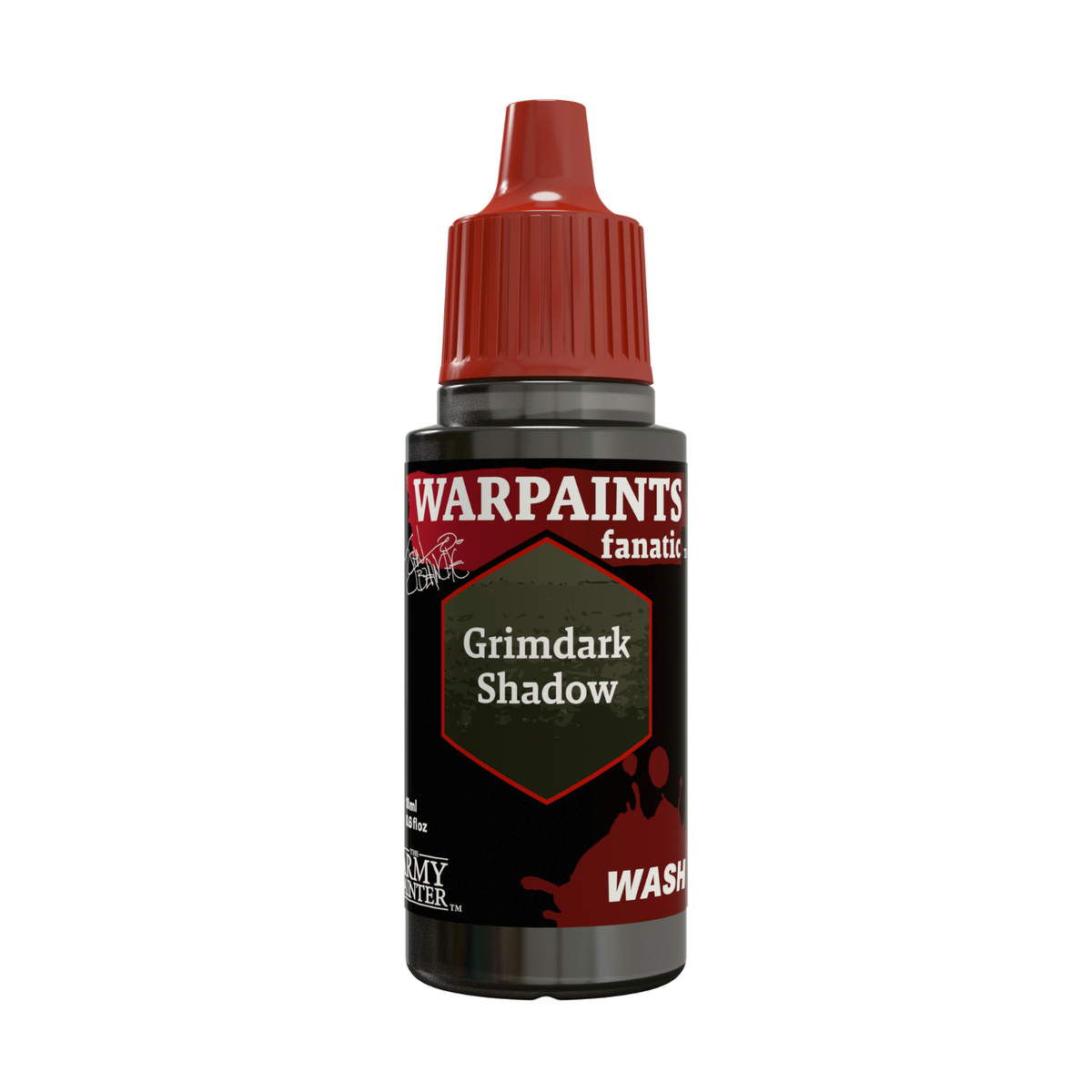 A bottle of Warpaints Fanatic Grimdark Shadow wash paint with a red cap and black label, shown on a plain white background.