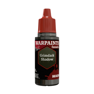 A bottle of Warpaints Fanatic Grimdark Shadow wash paint with a red cap and black label, shown on a plain white background.
