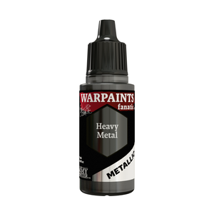 A bottle of Warpaints Fanatic Heavy Metal Metallic paint, featuring a black cap and a black and white label with red accents, set against a plain white background.