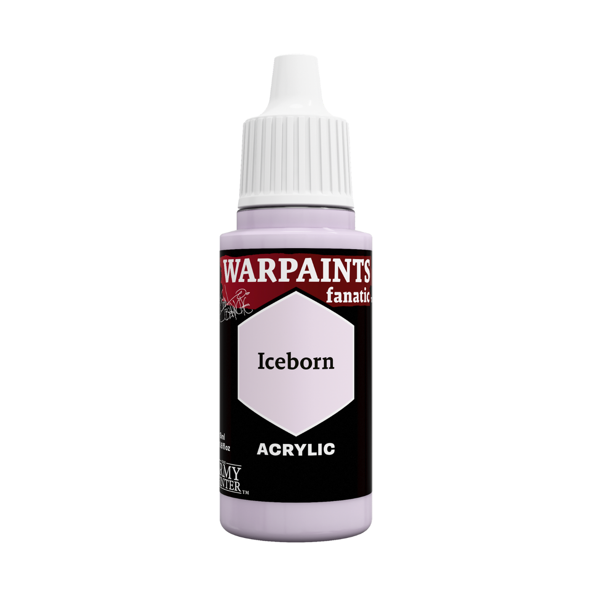 A bottle of Warpaights Fanatic Iceborn acrylic paint, featuring a black label with a light lavender hexagon representing the paint color, and a white cap.