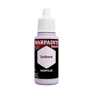 A bottle of Warpaights Fanatic Iceborn acrylic paint, featuring a black label with a light lavender hexagon representing the paint color, and a white cap.