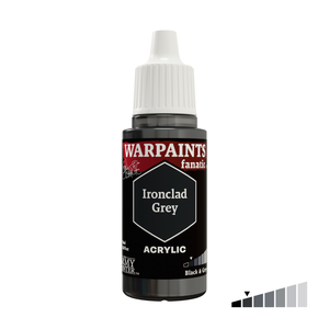 A bottle of Warpaints Fanatik Ironclad Grey acrylic paint on a white background, featuring a black label with red and white text and a small color swatch graphic in the bottom right corner.
