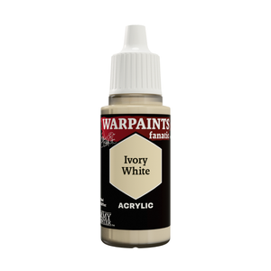 A bottle of Warpaights Fanatic Acrylic paint in the color 'Ivory White'. The bottle has a white ribbed cap and a black label with a beige hexagon in the center displaying the color name.
