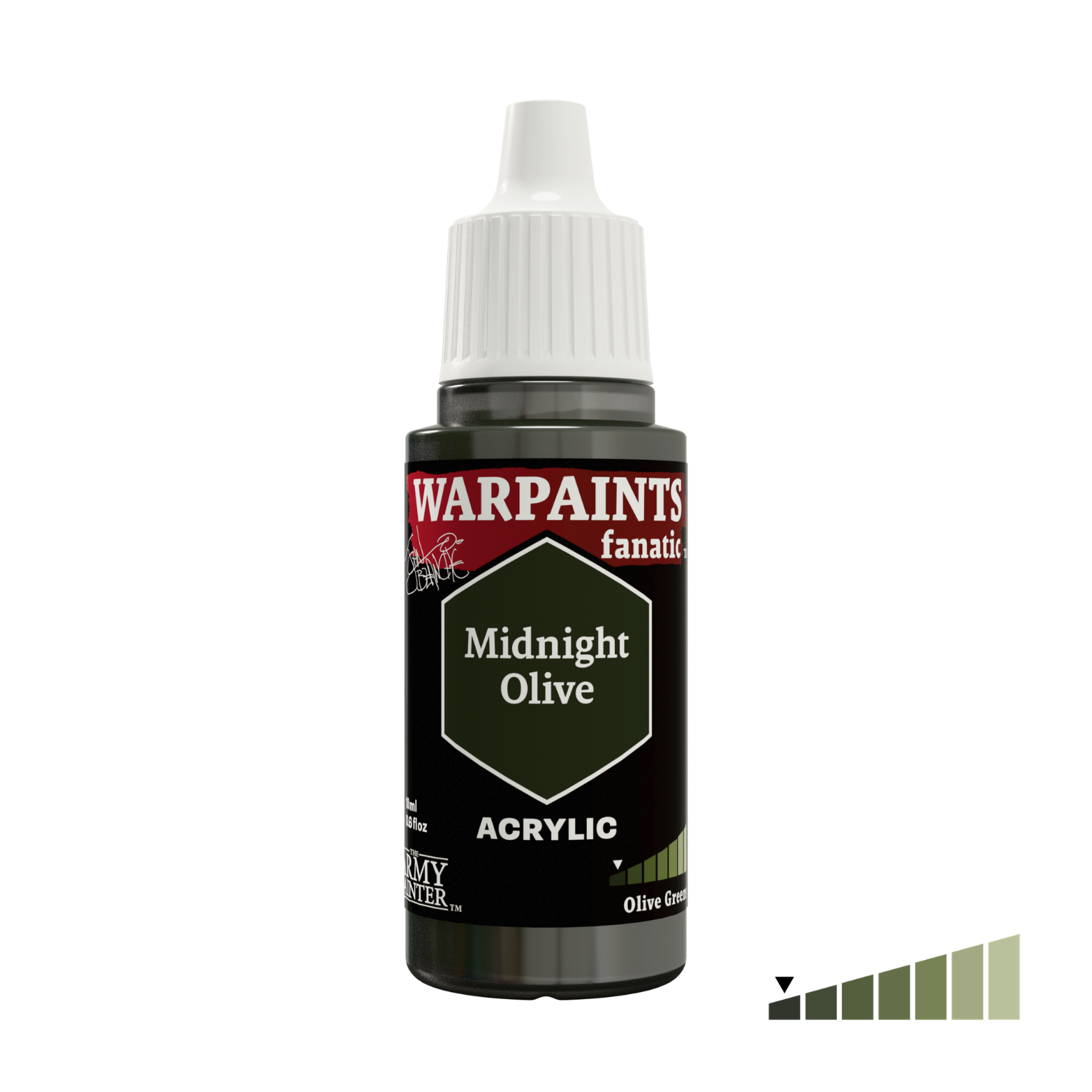 A bottle of Warpaints Fanatic Midnight Olive Acrylic paint for tabletop gaming, featuring a black label with a white cap, set against a plain white background with a small color gradient indicator in the bottom right corner.
