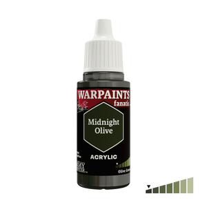 A bottle of Warpaints Fanatic Midnight Olive Acrylic paint for tabletop gaming, featuring a black label with a white cap, set against a plain white background with a small color gradient indicator in the bottom right corner.