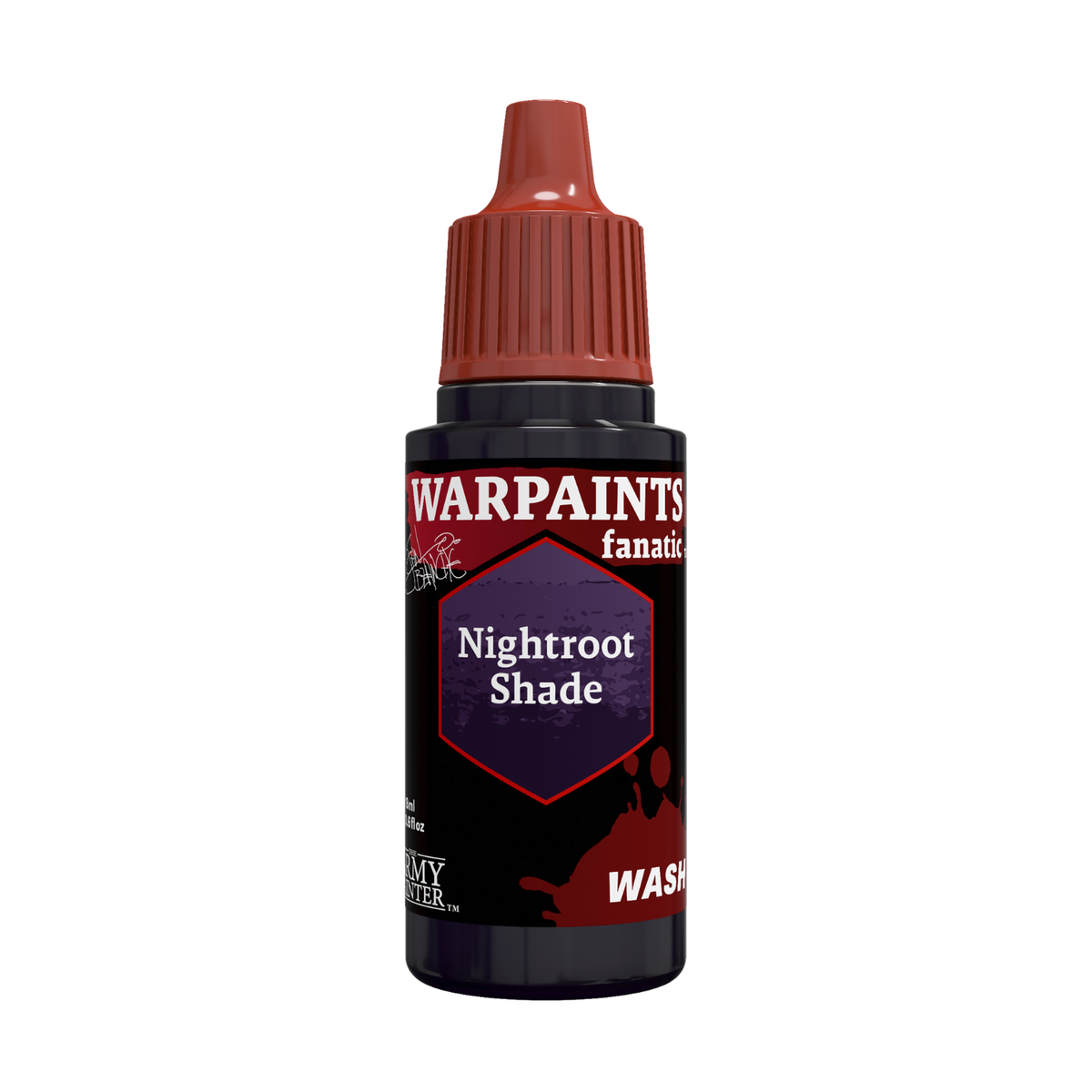 A bottle of Warpaints Fanatic 'Nightroot Shade' wash paint, featuring a black label with a purple hexagonal graphic and a reddish-brown cap, isolated on a white background.