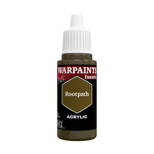 A bottle of Warpaints Fantasy Rootpath acrylic paint, featuring a dark olive-brown color swatch on its black label, with a white cap, set against a plain white background.