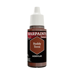 A bottle of Warpaights Fantasy Ruddy Terra acrylic paint, featuring a white cap and a black label with a brown hexagonal color swatch, set against a plain white background.