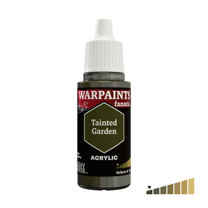 A bottle of Warpaaints Fanatic Tainted Garden Acrylic paint, featuring a dark olive green label and a white cap, shown on a plain white background with a small color swatch indicator in the bottom right corner.