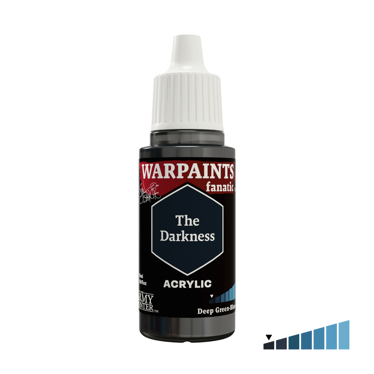 A bottle of Warpaints Fanatik 'The Darkness' acrylic paint in the Deep Green Shade colorway, featuring a black label with a white cap on a white background.