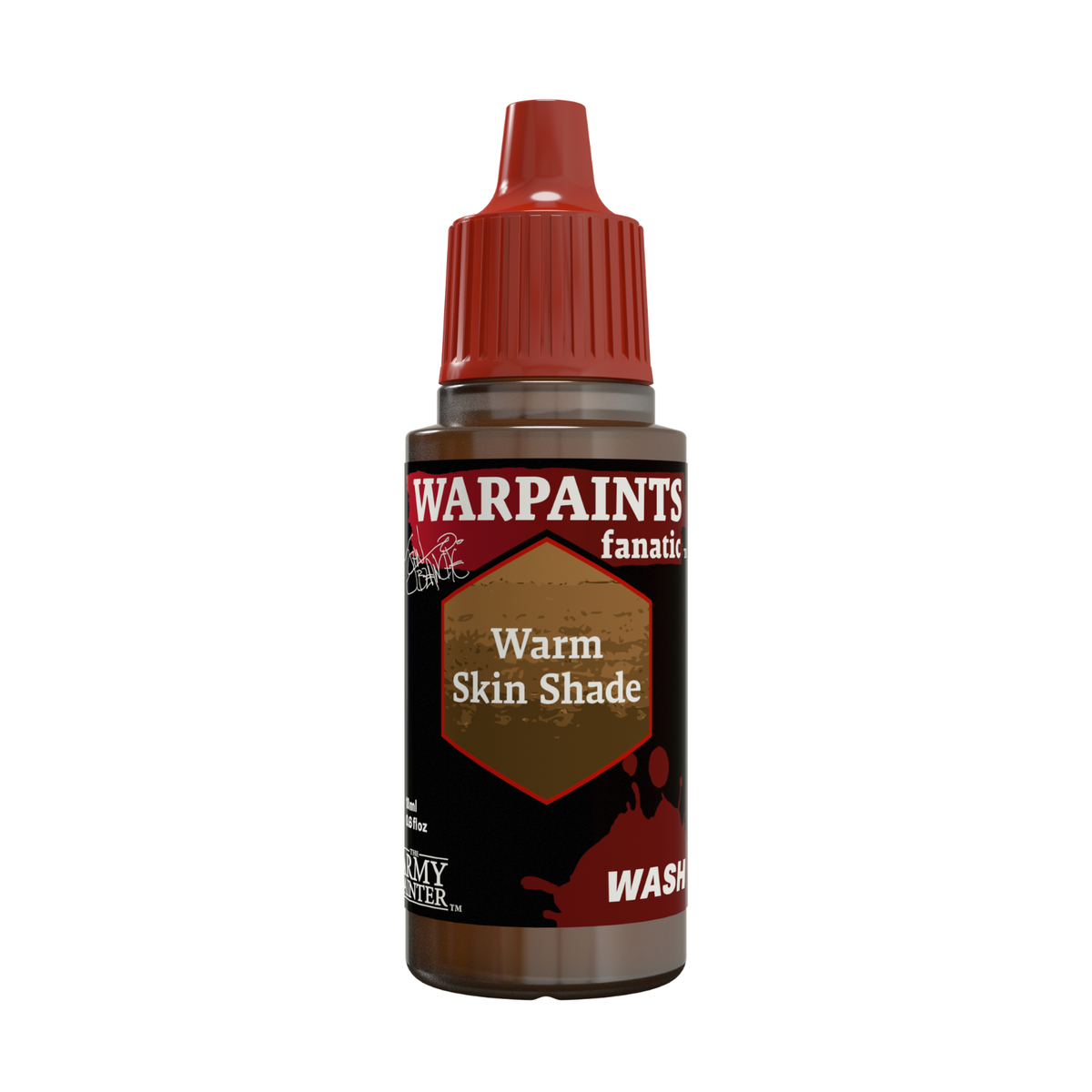 A bottle of Warpaints Fanatic 'Warm Skin Shade' wash paint for tabletop gaming, featuring a red cap and a black label with red and gold accents, set against a plain white background.