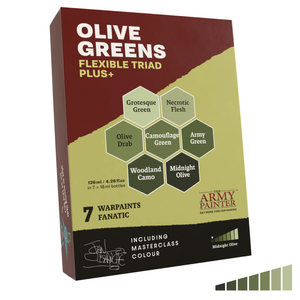 Box of Olive Greens Flexible Triad Plus+ paint set by The Army Painter on a white background