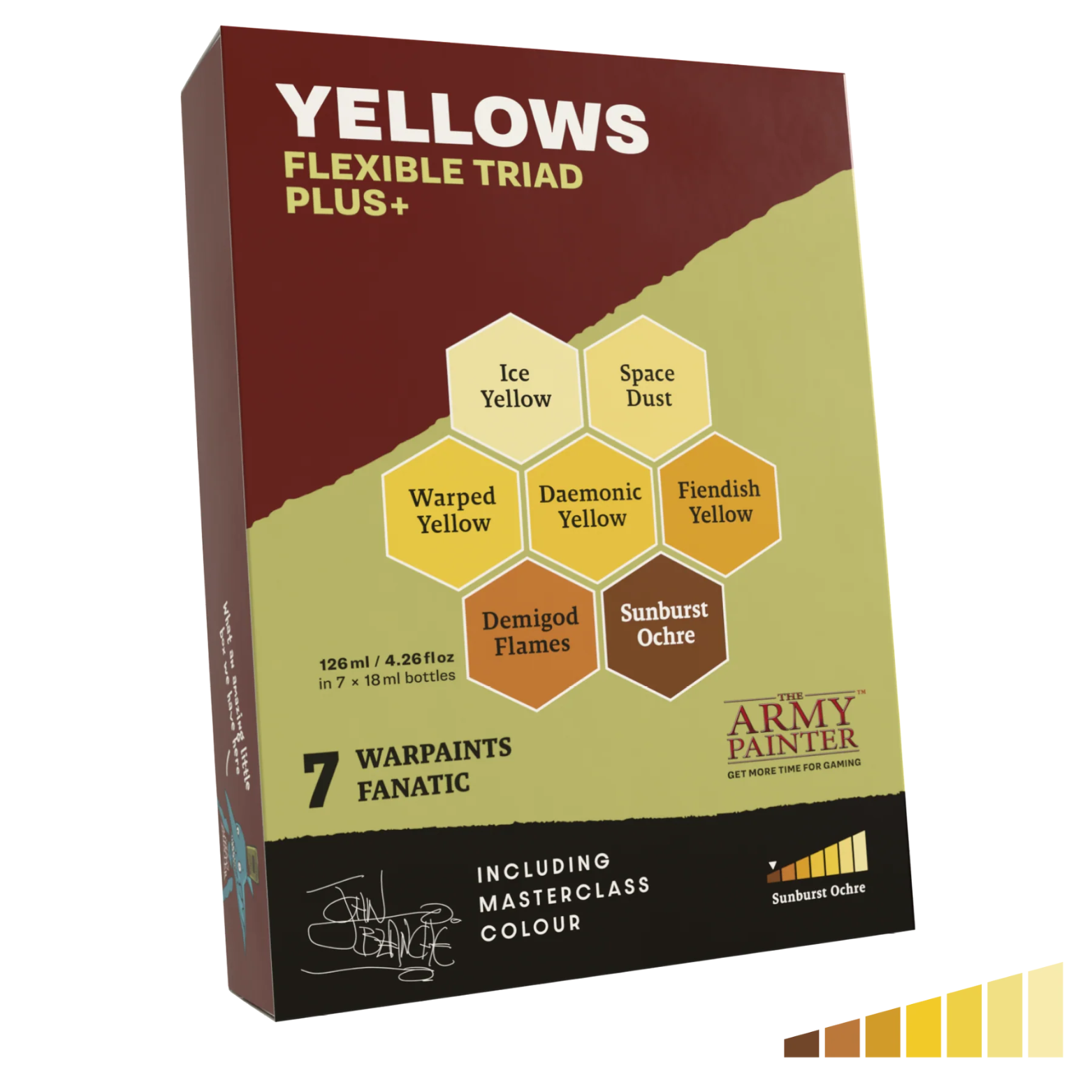 Box of 'Yellows Flexible Triad Plus+' paint set by The Army Painter on a white background