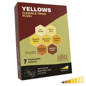 Box of 'Yellows Flexible Triad Plus+' paint set by The Army Painter on a white background