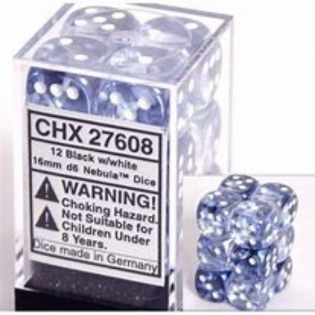 Dice D6 - Chessex - Nebula Black/White 16mm d6 Dice Block (12 dice) - CHX27608