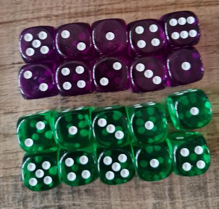 Dice D6 - Chessex - 16mm d6 - 20 purple and green transparent dice