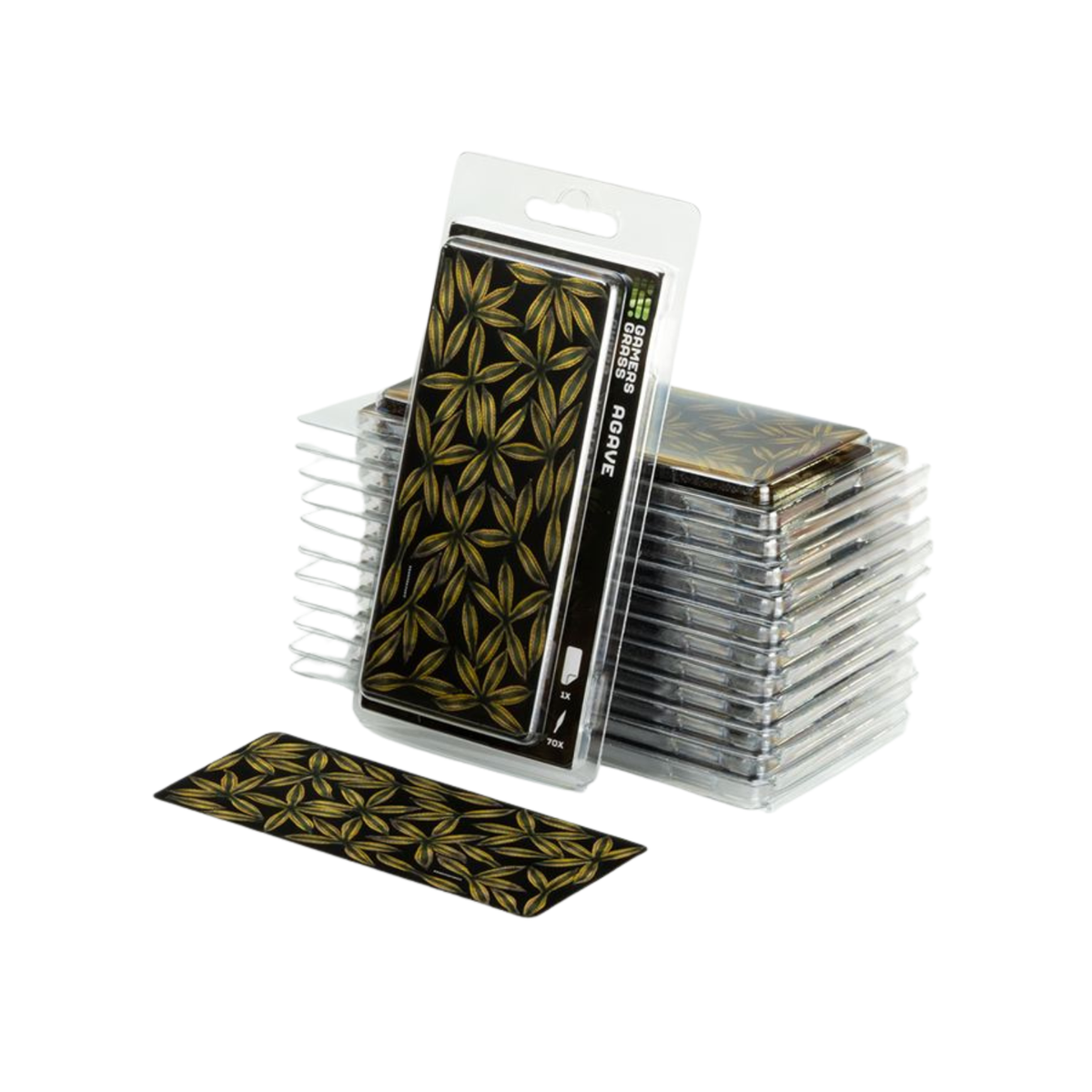 A pack of black and gold patterned deckled-edge playing cards, shown with one card standing upright in its clear plastic blister packaging and a stack of cards inside clear cases behind it, with one card placed in front on a white background.