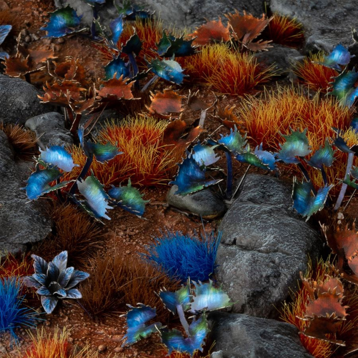 Colorful underwater scene with fish and sea plants on a rocky seabed