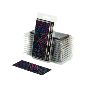 A pack of holographic roller coasters in clear plastic blister packaging, with one coaster pulled out in front. The coaster features a vibrant, iridescent floral pattern shifting between purple, blue, and pink on a dark background.