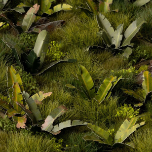 A close-up view of a textured faux grass and foliage landscape, featuring green and yellow-green grass blades interspersed with tropical-style leaves in various shades of green.
