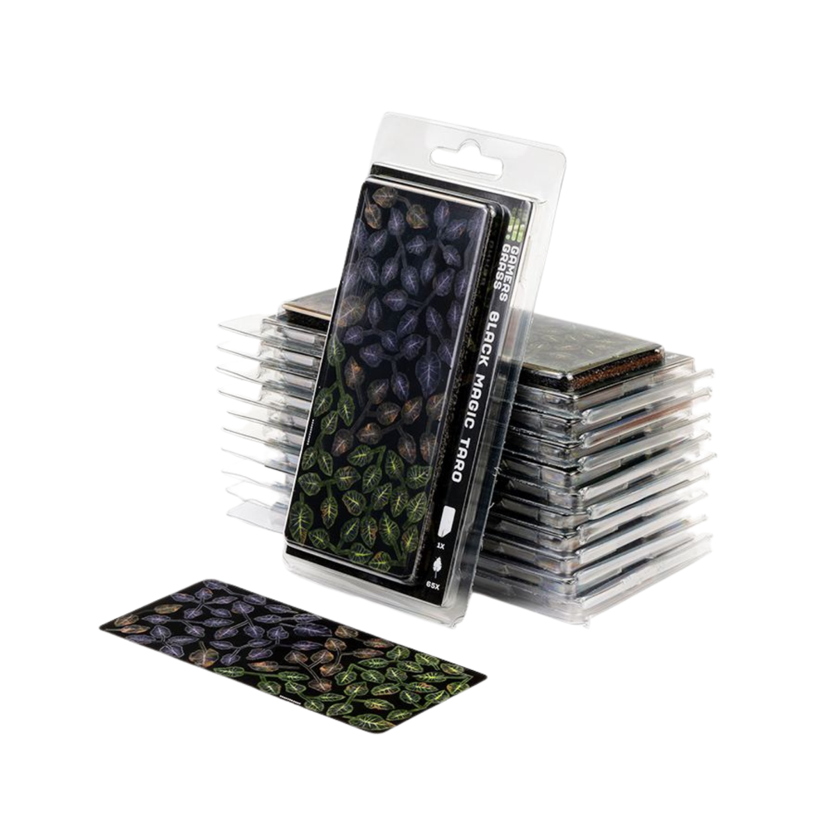 Stack of trading card packs with a single card displayed in front on a white background