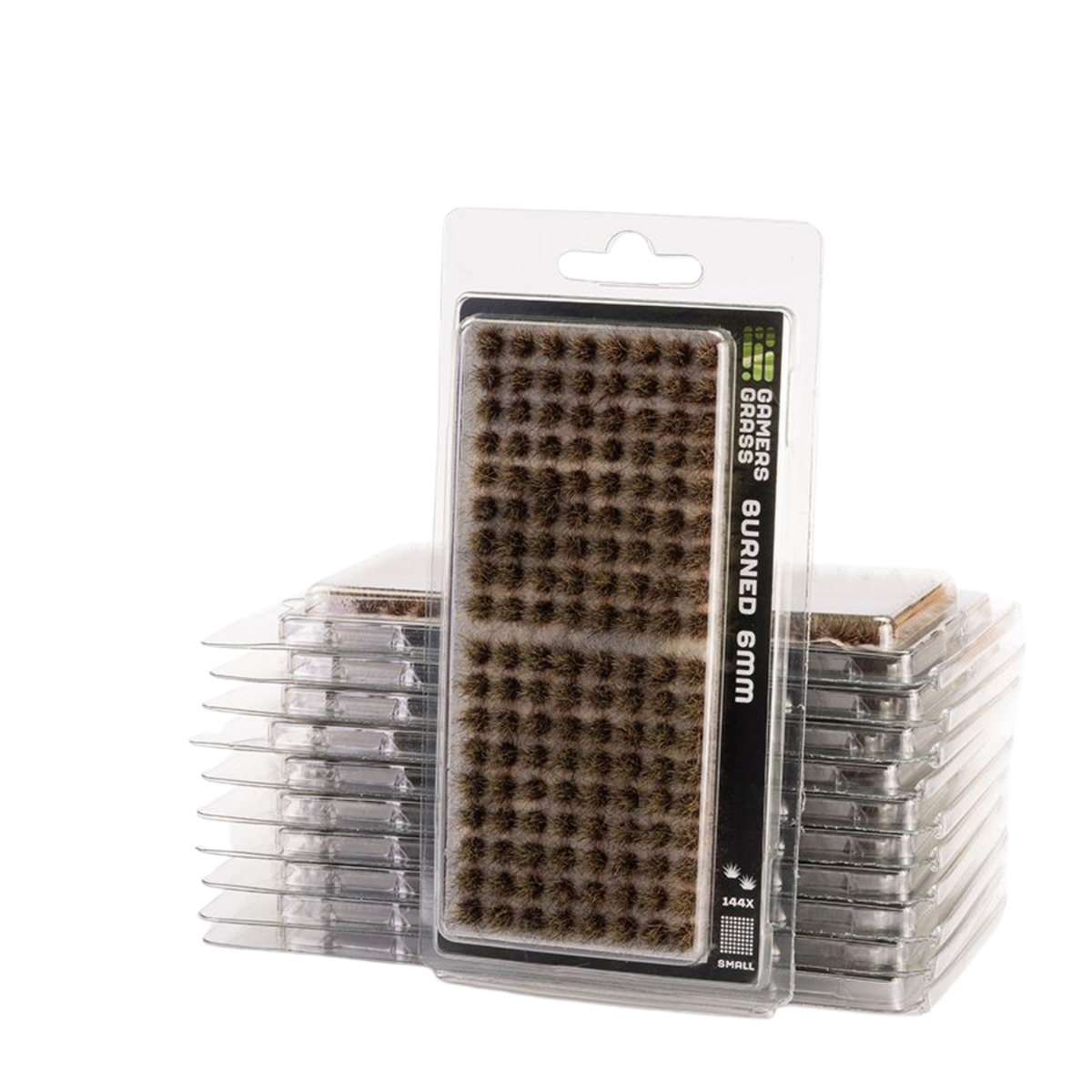 Packaged dark brown burned bristle cleaning brushes stacked in clear plastic clamshell trays, with one package standing upright in front on a white background.