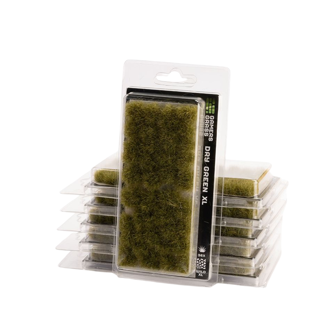 Packaged dry green grass replica moss, with one large package in front of two smaller stacked packages on a white background.