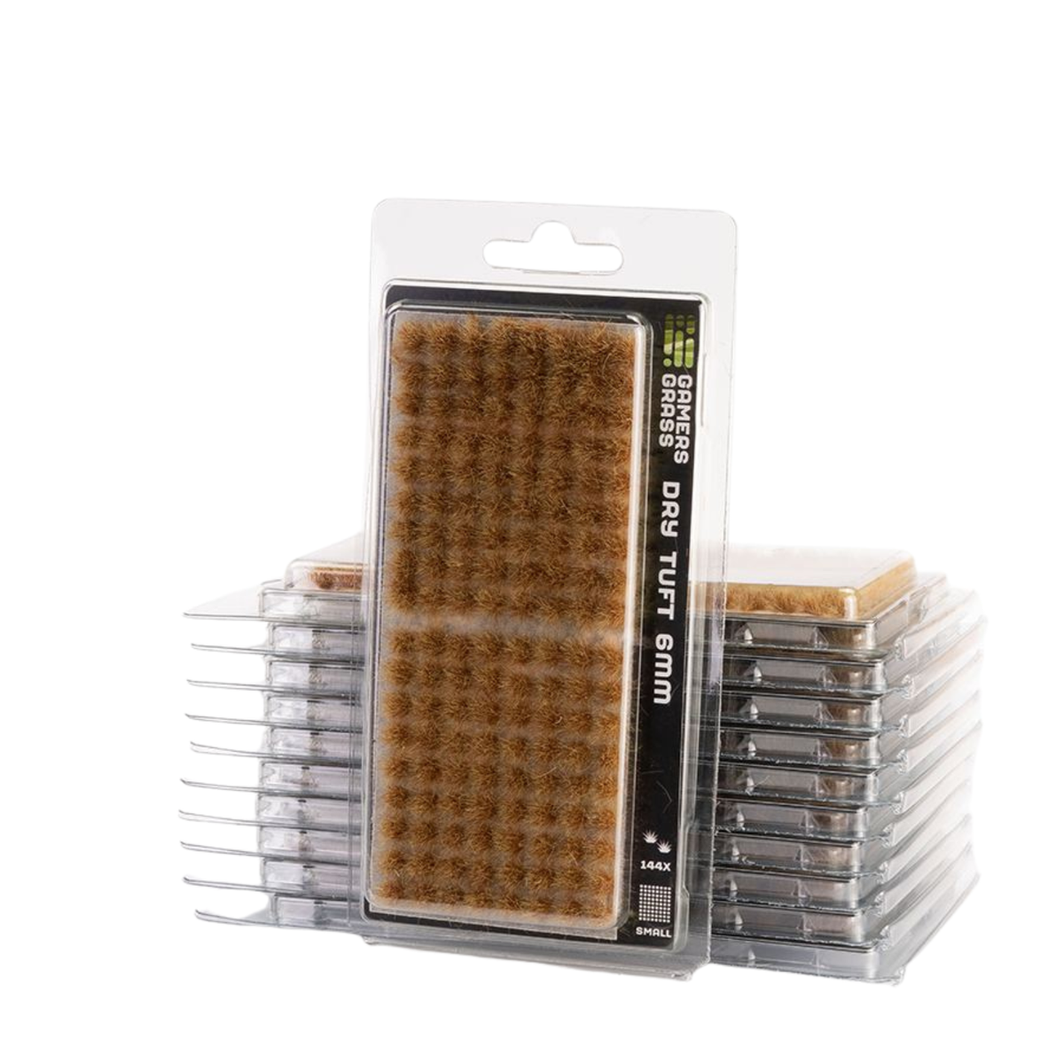Packaged dry tuft brush standing upright in the center, with several clear plastic packages of the same brush stacked behind it on a white background.