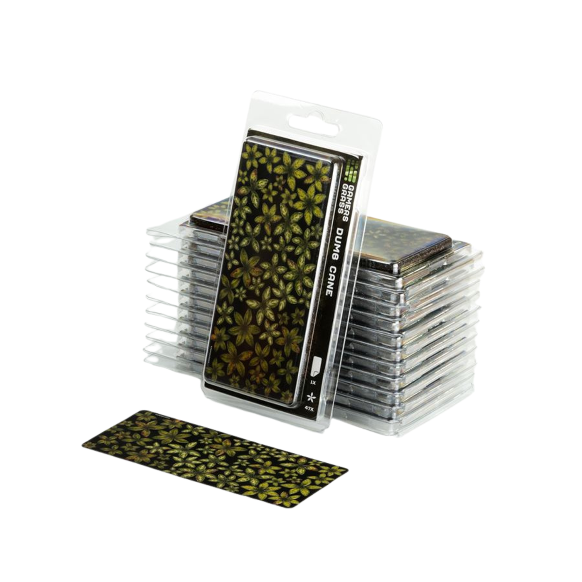 A pack of olive drab plastic card sleeves with a matching leaf pattern, shown with one sleeve standing upright in its clear plastic blister packaging and a single sleeve displayed in front on a white background.