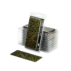 A pack of olive drab plastic card sleeves with a matching leaf pattern, shown with one sleeve standing upright in its clear plastic blister packaging and a single sleeve displayed in front on a white background.