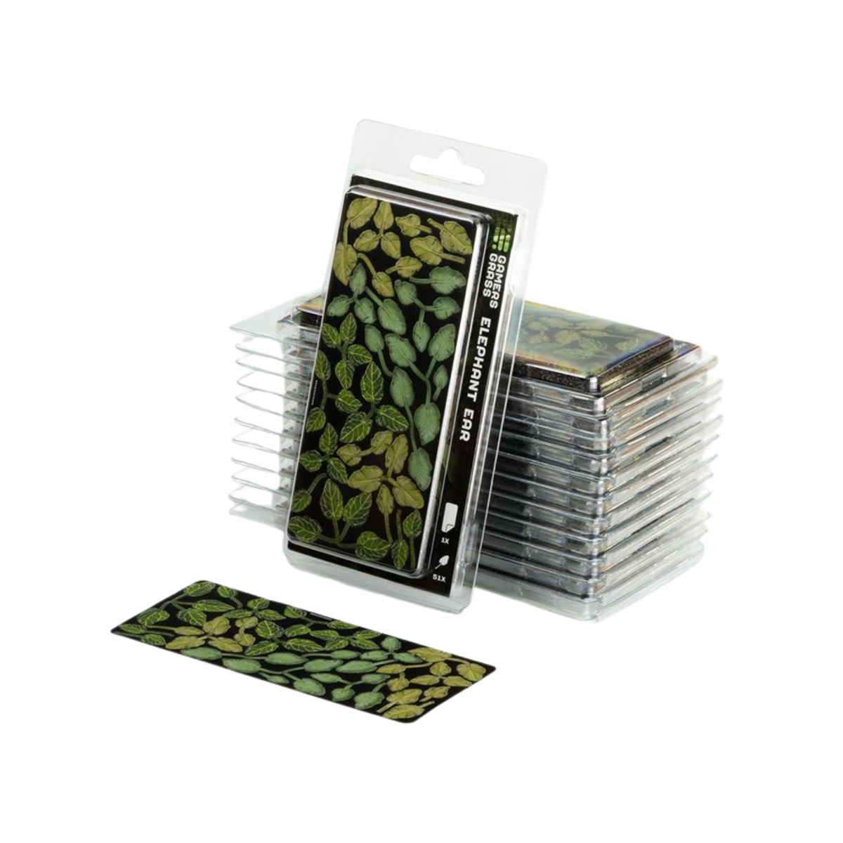 A pack of rectangular card sleeves or wallet-style holders with a green leaf pattern, shown standing upright in clear plastic packaging with additional stacks behind it and one loose piece in front, on a white background.