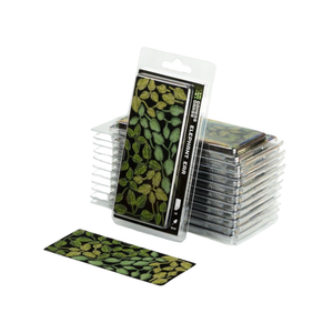 A pack of rectangular card sleeves or wallet-style holders with a green leaf pattern, shown standing upright in clear plastic packaging with additional stacks behind it and one loose piece in front, on a white background.