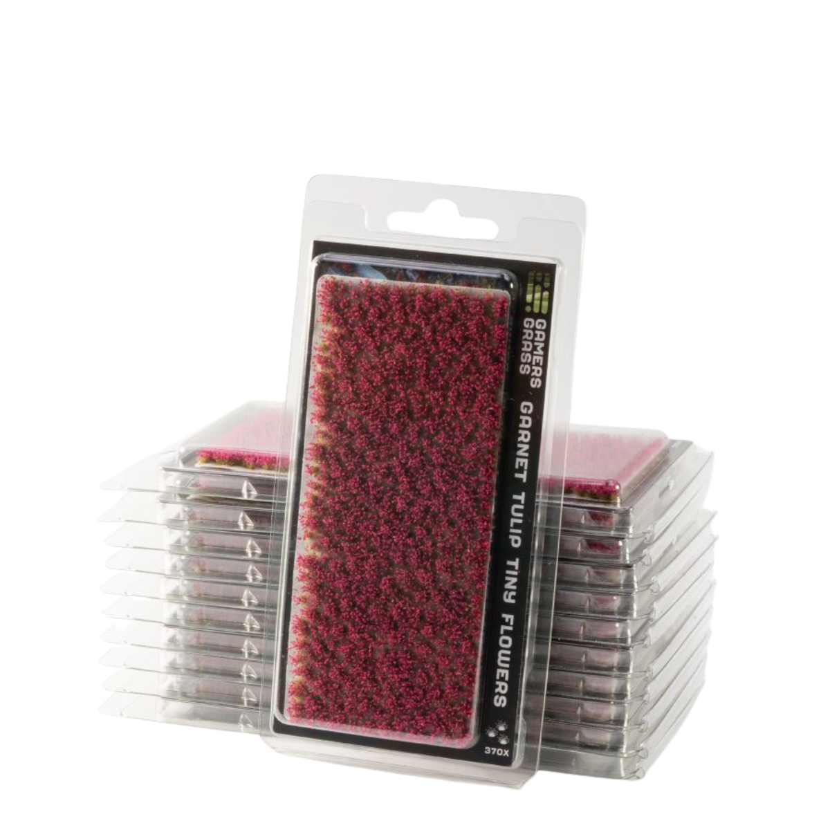 Packaged red granite tufted flowers, with one package in front and several stacks behind it on a white background.