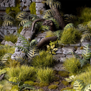 Detailed miniature landscape with stone pathways, plants, and trees