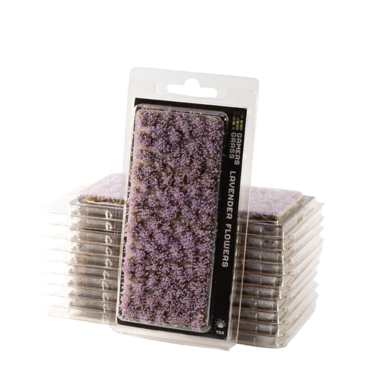 Packaged miniature lavender flowers in a clear blister pack with a black label reading 'GARDEN GRAVY LAVENDER FLOWERS', shown with stacks of similar packs behind it on a white background.
