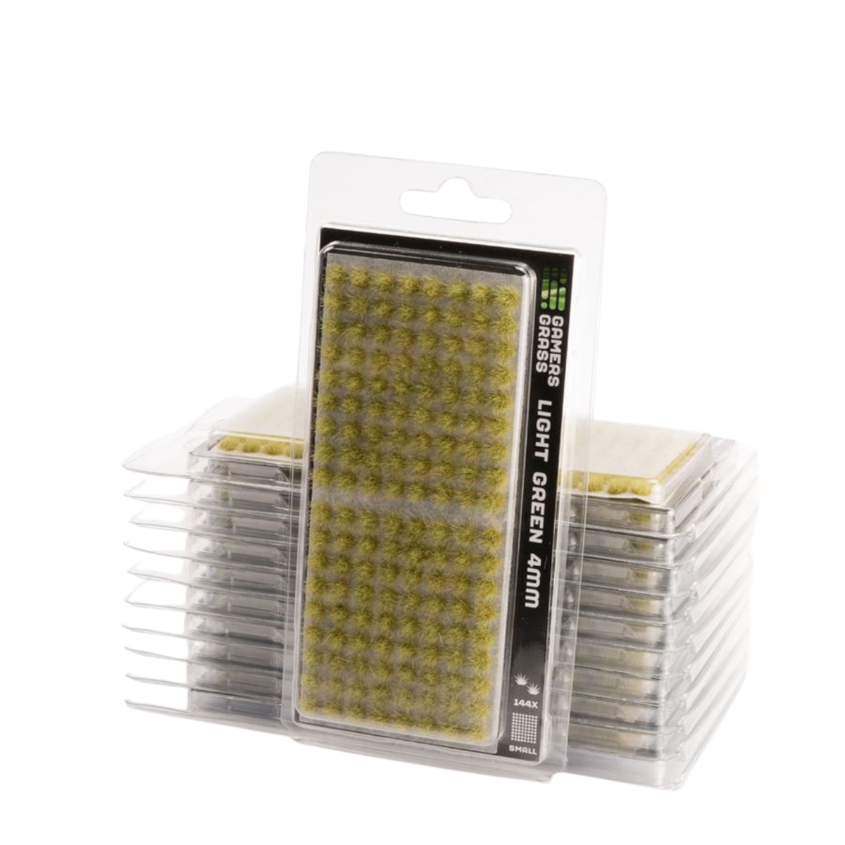 Pack of green grass blades for lawns, with one package in front and several stacks behind it on a white background.