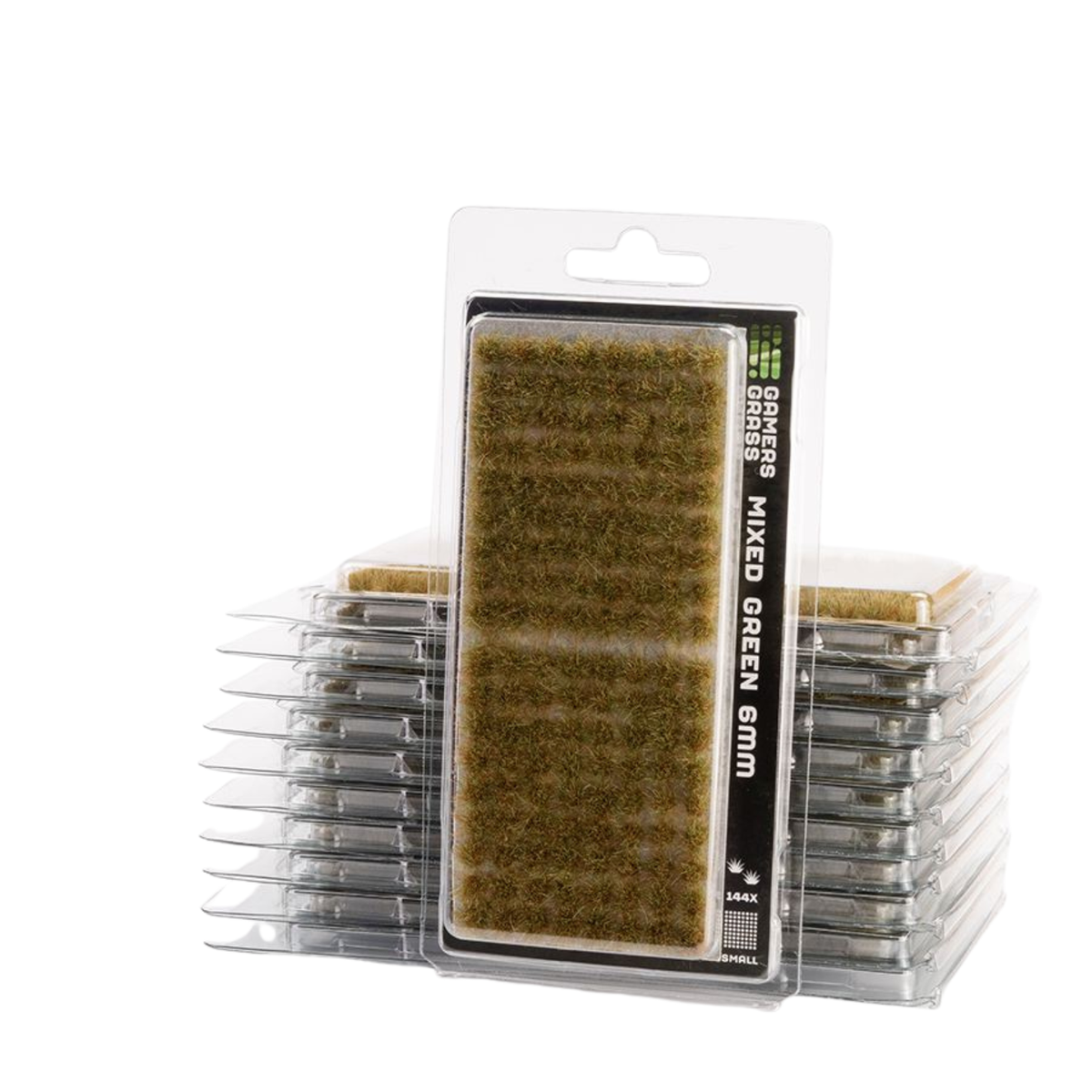 Packaged miniature grass matting in 'Mixed Green 5mm' by Larkoo, shown with stacks of the same product in clear plastic clamshell packaging on a white background.