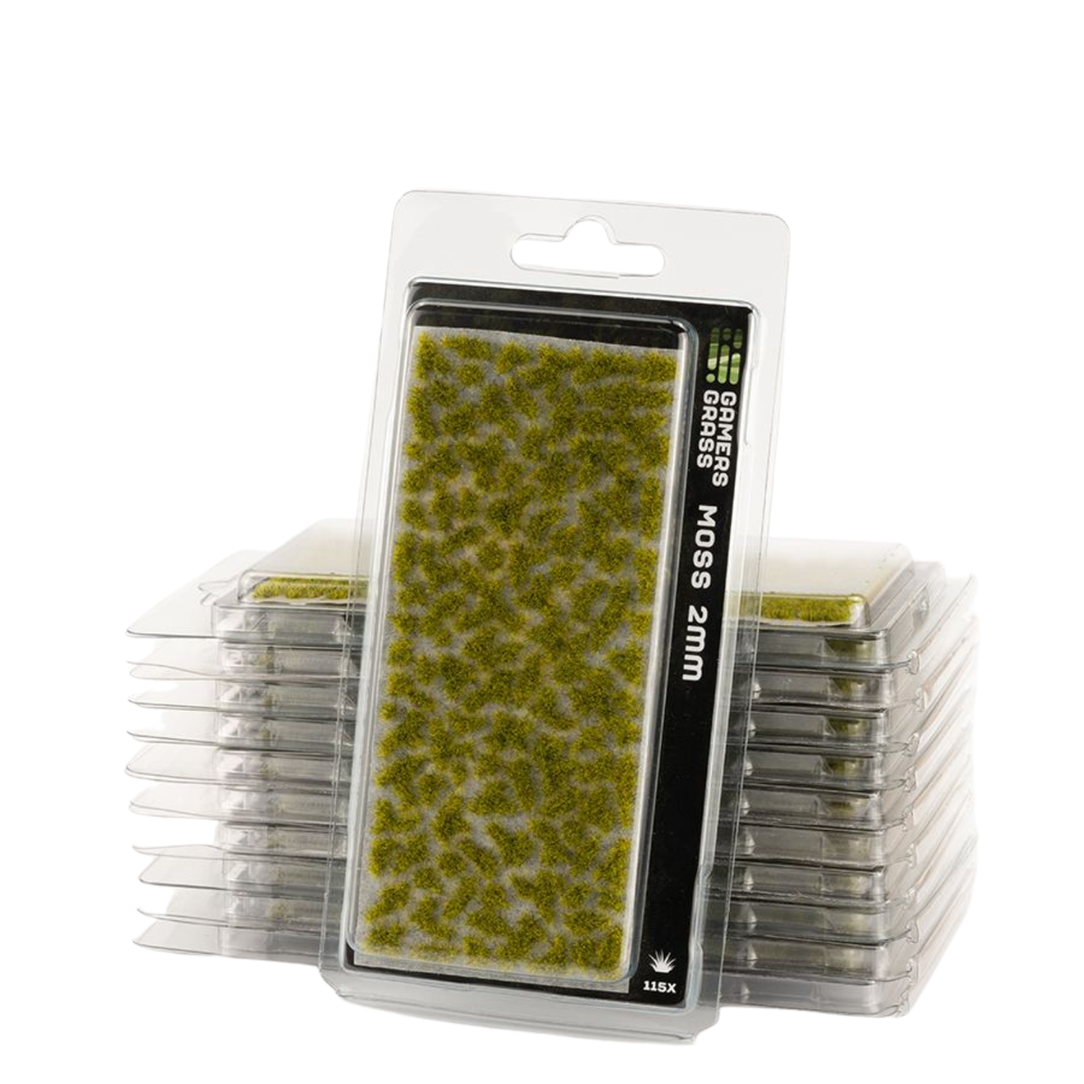 Packaged 3D Effects Grass Fibres in moss green, shown with a single carded pack standing in front of two stacks of smaller clear plastic packs on a white background.