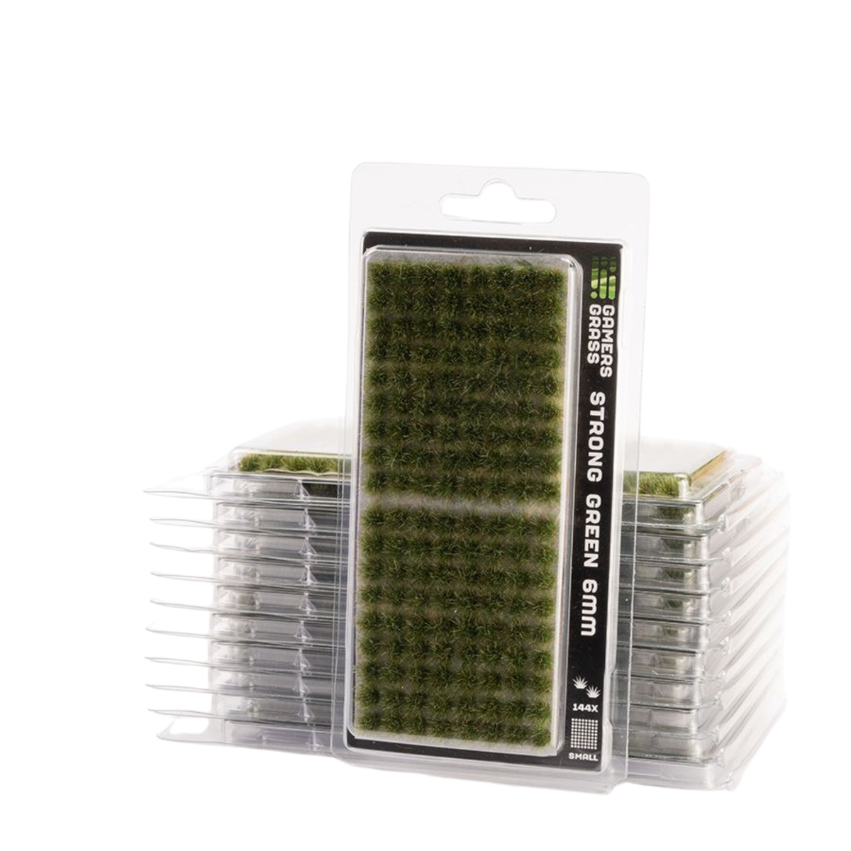 Pack of 16x Green Grass Strong Green SMM artificial turf plugs in clear plastic blister packaging, with two stacks of the same product behind the main front package.
