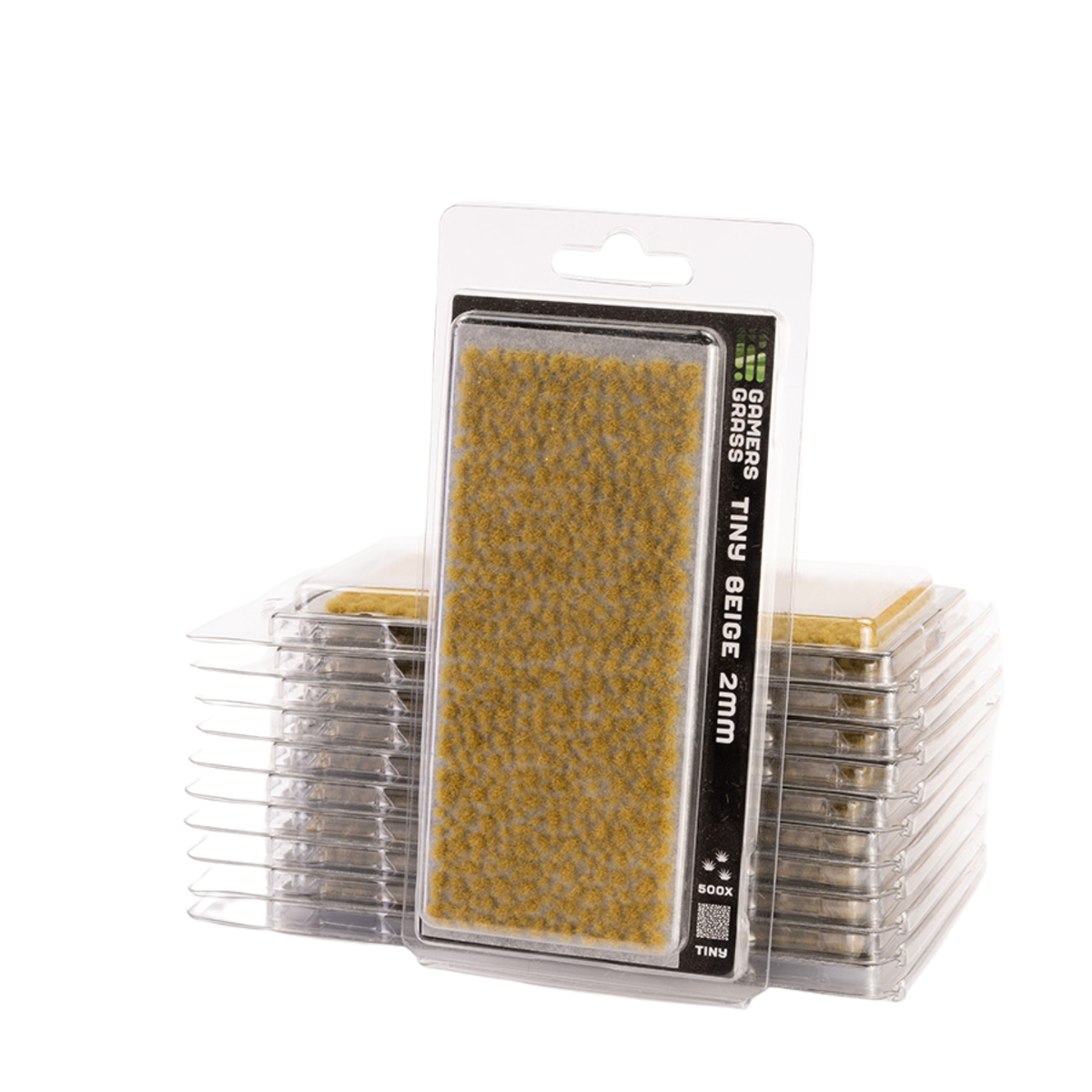 A pack of 2mm fine grade glass slip for model kits, shown in clear plastic clamshell packaging with a white header card. One slip is pulled out in the center to show the golden-yellow granular texture of the product.